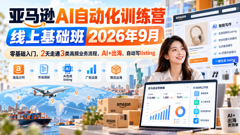 亚马逊AI自动化训练营线上基础班2026年9月,零基础入门,2天走通3类高频业务流程,AI+出海,自动写listing-站长V课