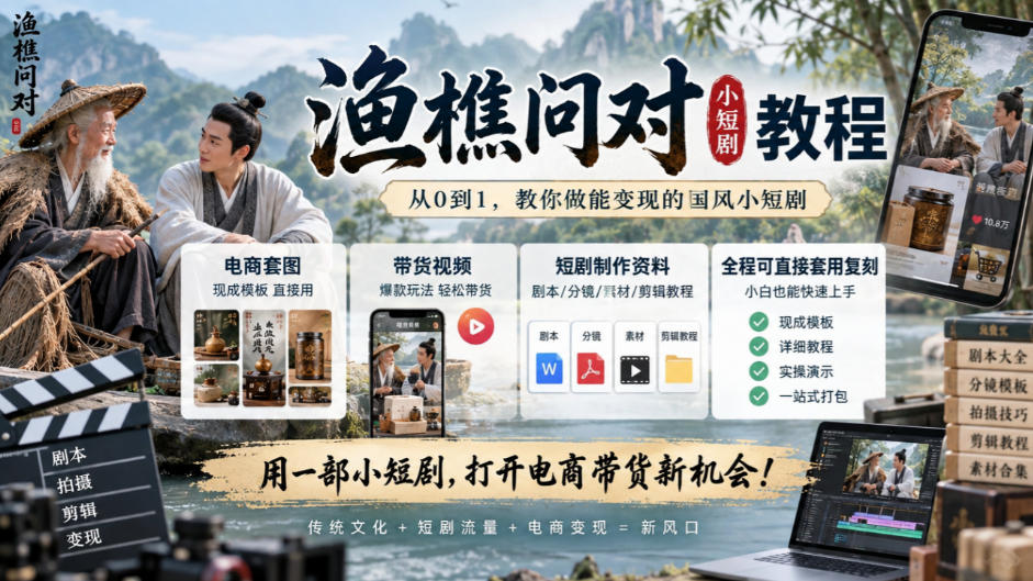 渔樵问对小短剧教程，包含电商套图、带货视频，短剧制作资料，全程可直接套用复刻-站长V课