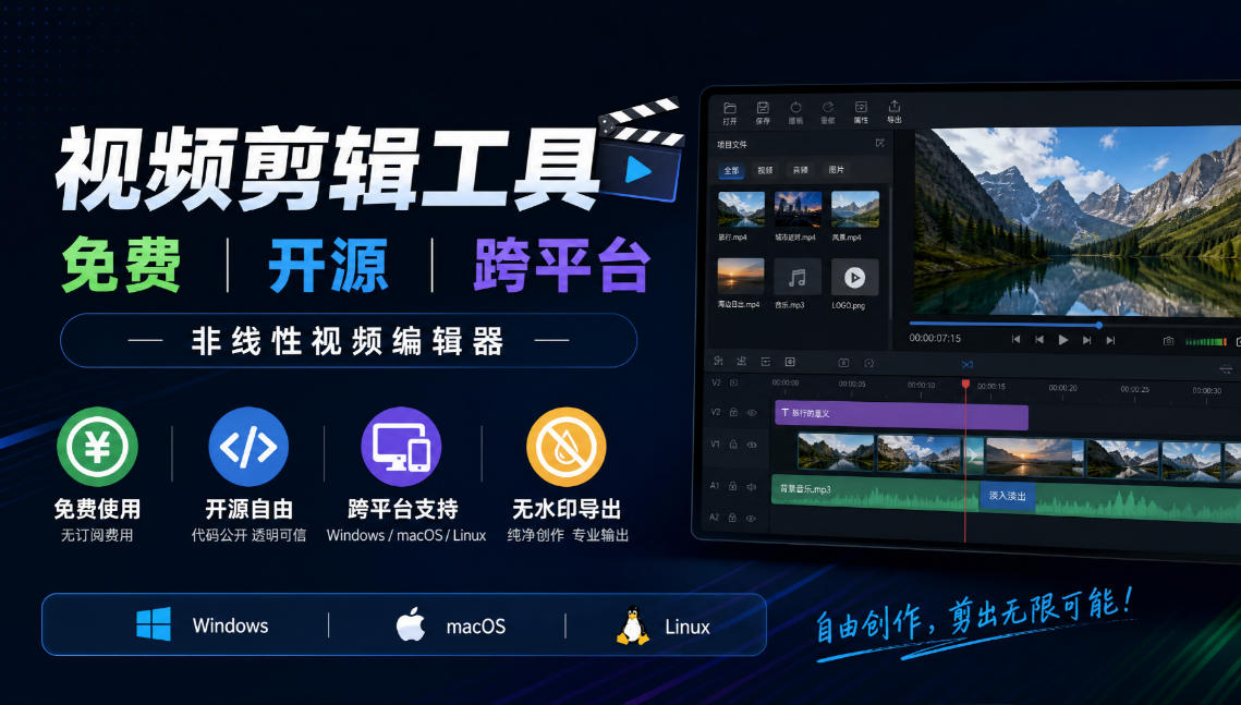 视频剪辑工具,免费、开源、跨平台,非线性视频编辑器,支持Windows、macOS、Linux,无水印、无订阅费用-站长V课