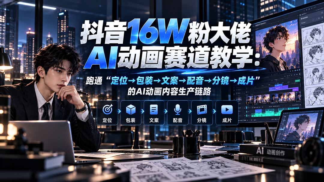 抖音16W粉大佬规则门禁AI动画赛道教学：跑通“定位→包装→文案→配音→分镜→成片”的AI动画内容生产链路-站长V课
