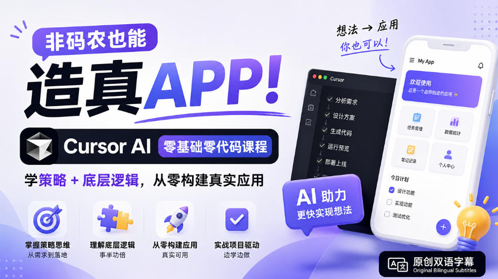 非码农也能造真APP！Cursor AI零基础零代码课程：学策略+底层逻辑，从零构建真实应用【原创双语字幕】-站长V课