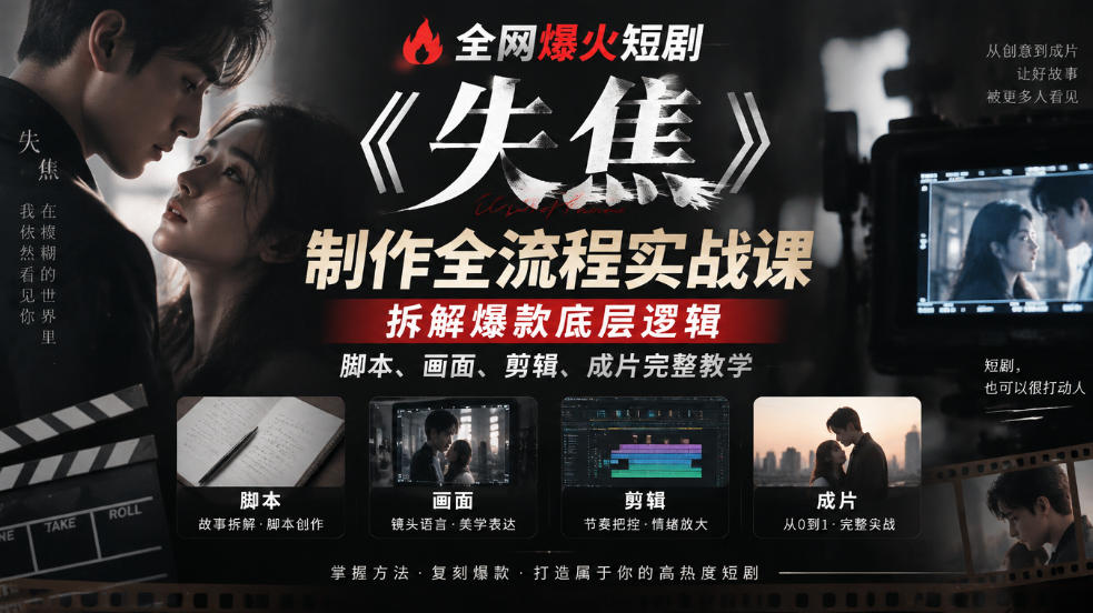 全网爆火短剧《失焦》制作全流程实战课｜拆解爆款底层逻辑，脚本、画面、剪辑、成片完整教学-站长V课
