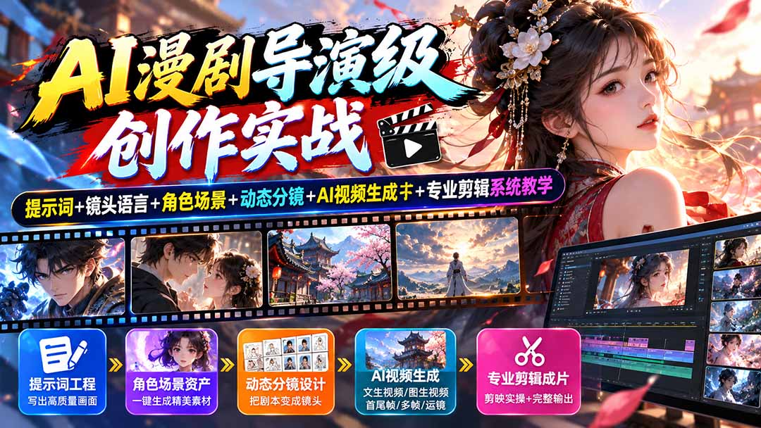 AI漫剧导演级创作实战:提示词+镜头语言+角色场景+动态分镜+AI视频生成+专业剪辑系统教学-站长V课