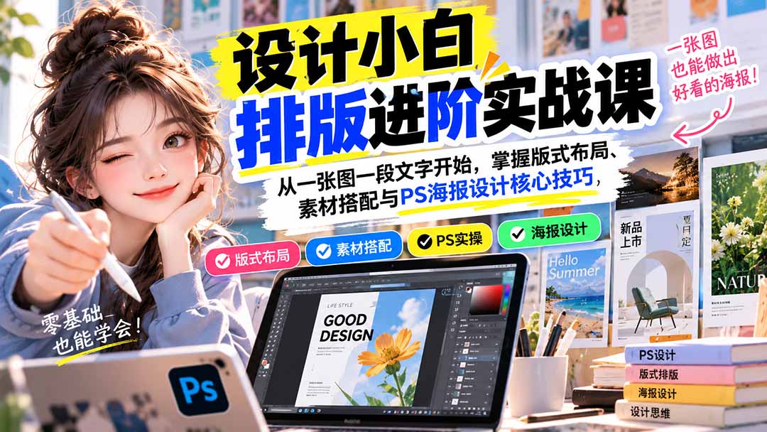 设计小白排版进阶实战课:从一张图一段文字开始,掌握版式布局、素材搭配与PS海报设计核心技巧-站长V课