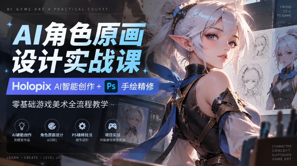 AI角色原画设计实战课|Holopix AI智能创作+PS手绘精修,零基础游戏美术全流程教学-站长V课