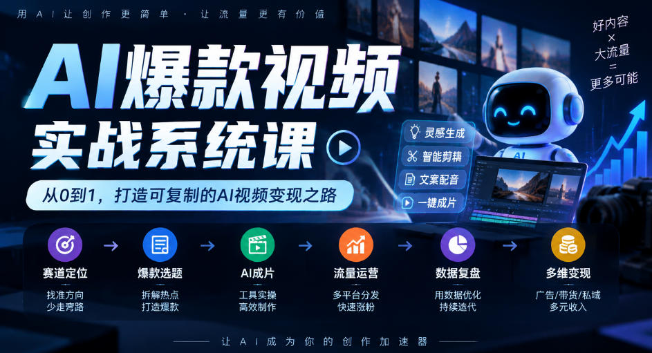 AI爆款视频实战系统课|赛道定位、爆款选题、AI成片、流量运营、数据复盘、多维变现全链路教学-站长V课