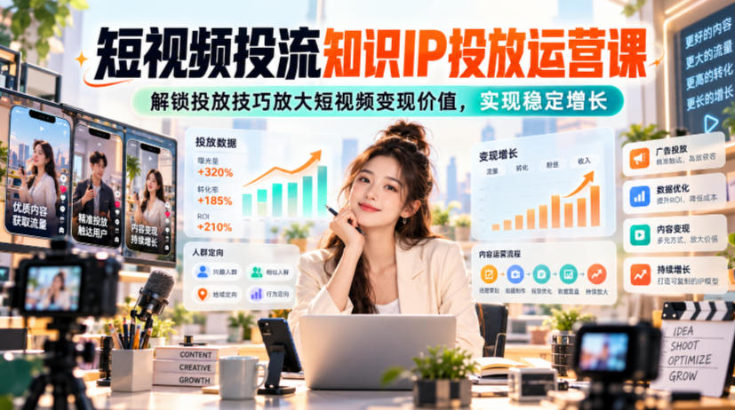 短视频投流知识IP投放运营课,解锁投放技巧放大短视频变现价值,实现稳定增长-站长V课