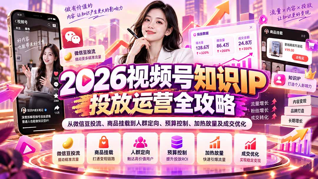 2026视频号知识IP投放运营全攻略:从微信豆投流、商品挂载到人群定向、预算控制、加热放量及成交优化-站长V课