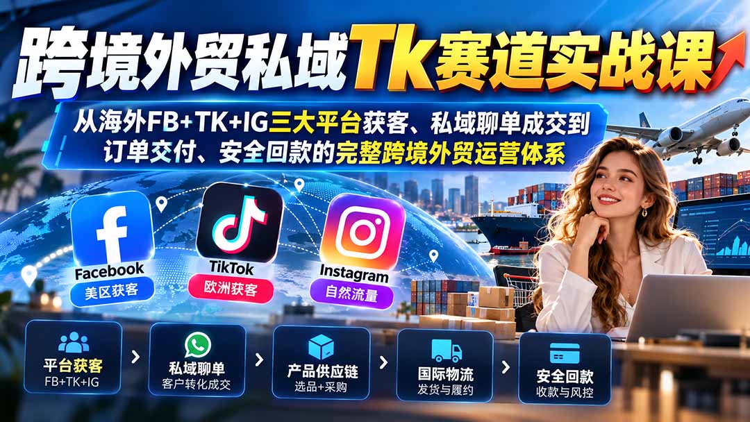 跨境外贸私域Tk赛道实战课：从海外FB+TK+IG三大平台获客、私域聊单成交到订单交付、安全回款的完整跨境外贸运营体系-站长V课