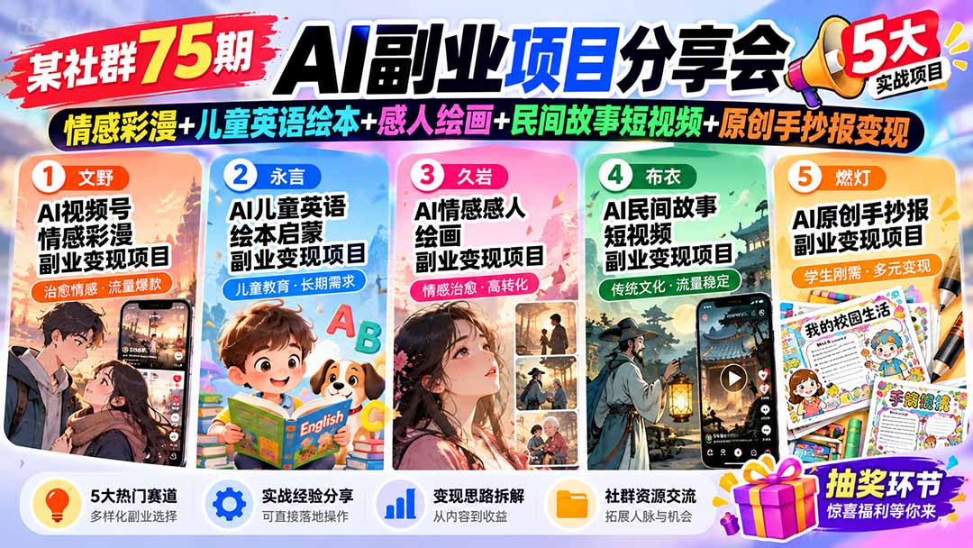 某社群75期AI副业项目分享会:情感彩漫+儿童英语绘本+感人绘画+民间故事短视频+原创手抄报变现-站长V课