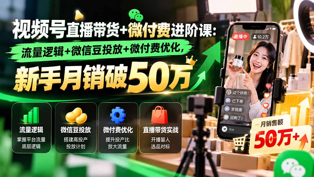 视频号直播带货+微付费进阶课-更新1010：流量逻辑+微信豆投放+微付费优化，新手月销破50万-站长V课
