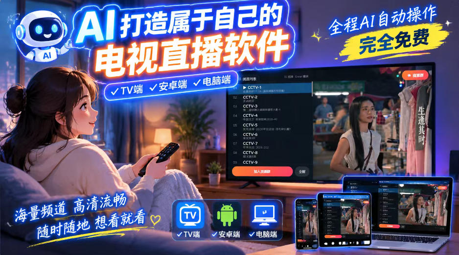一个提示词，AI全自动做出电视直播软件，电脑、安卓、电视三端通用，完全免费，画质流畅不卡顿-站长V课