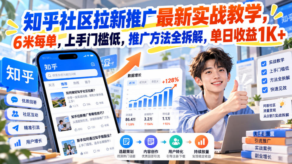 知乎社区拉新推广最新实战教学,6米每单,上手门槛低,推广方法全拆解,单日收益1K+!(更新1010)-站长V课