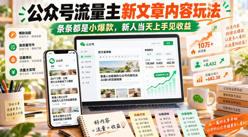 公众号流量主新文章内容玩法,条条都是小爆款,新人当天上手见收益-站长V课