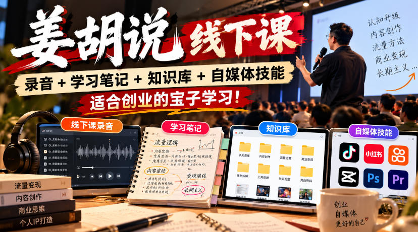 姜胡说线下课录音+学习笔记+知识库+自媒体技能,适合创业的宝子学习!-站长V课