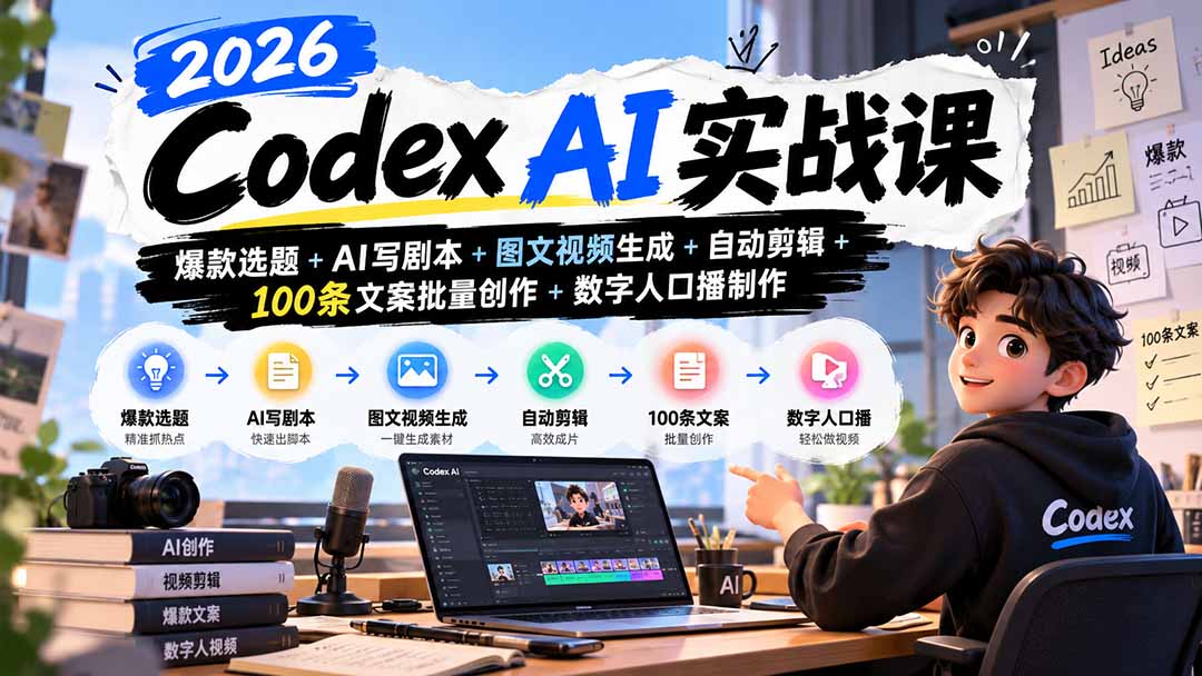 2026Codex AI实战课：爆款选题+AI写剧本+图文视频生成+自动剪辑+100条文案批量创作+数字人口播制作-站长V课