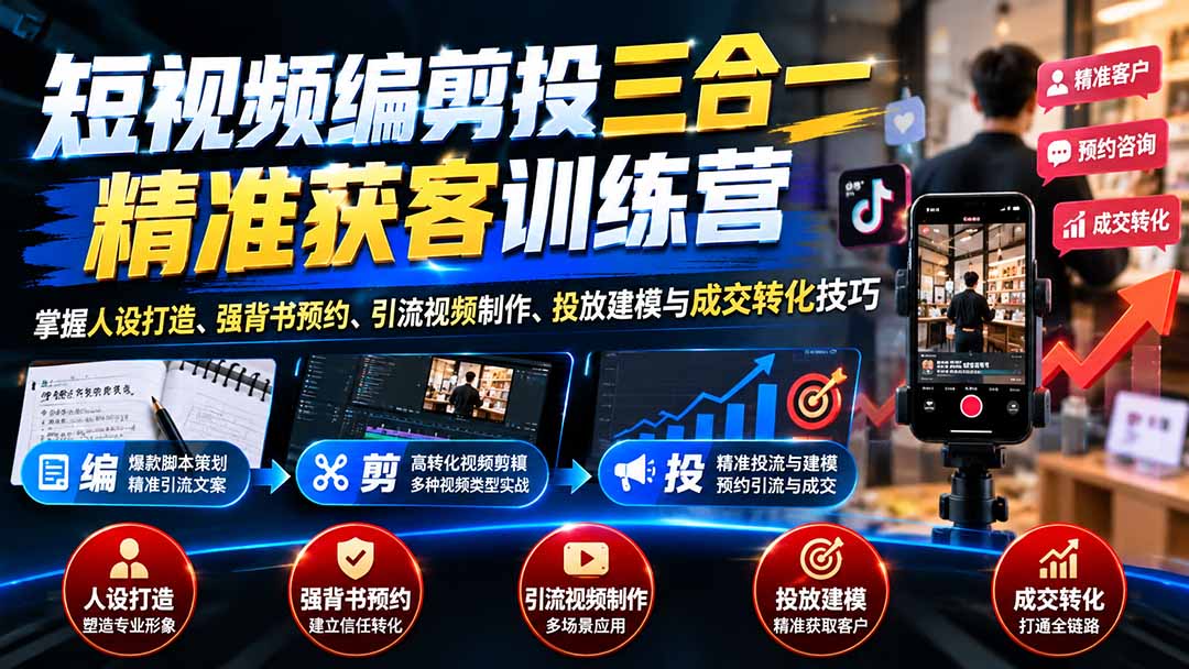 短视频编剪投三合一精准获客训练营：掌握人设打造、强背书预约、引流视频制作、投放建模与成交转化技巧-站长V课