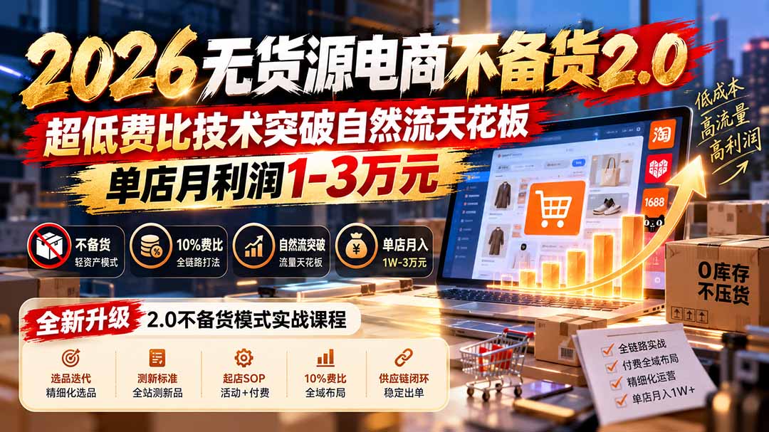 2026无货源电商不备货2.0【更新1010】：超低费比技术突破自然流天花板，单店月利润1-3万元-站长V课