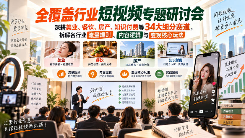 短视频专题研讨会，深耕美业、餐饮、房产、知识付费等34大细分赛道，拆解各行业流量规则、内容逻辑与变现核心玩法(更新1011)-站长V课