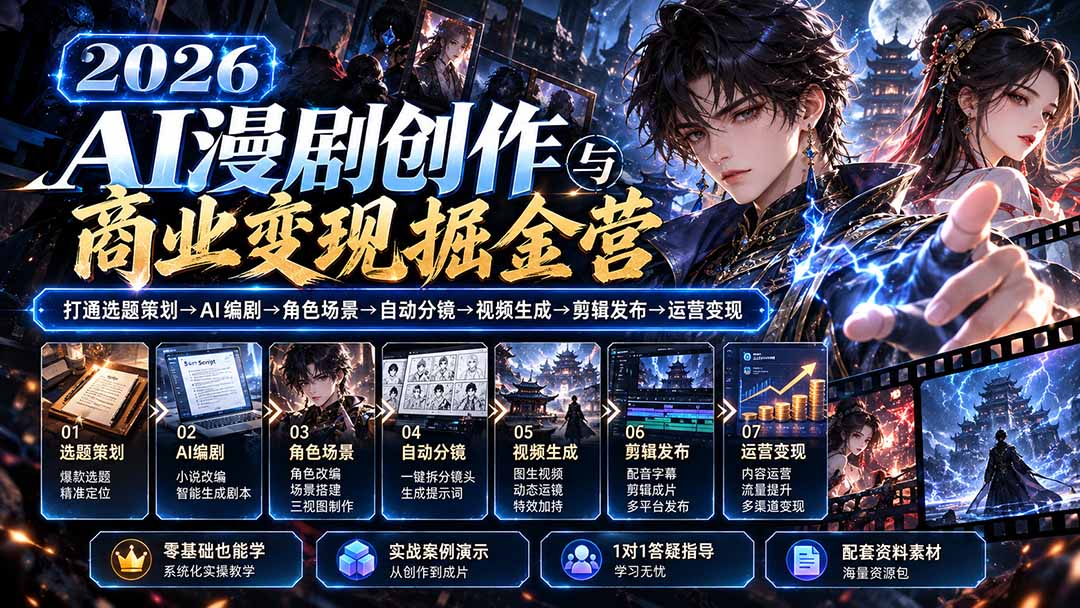 【无水印】2026AI漫剧创作与商业变现掘金营：打通选题→AI编剧→角色场景→自动分镜→视频生成→剪辑发布→运营变现-站长V课