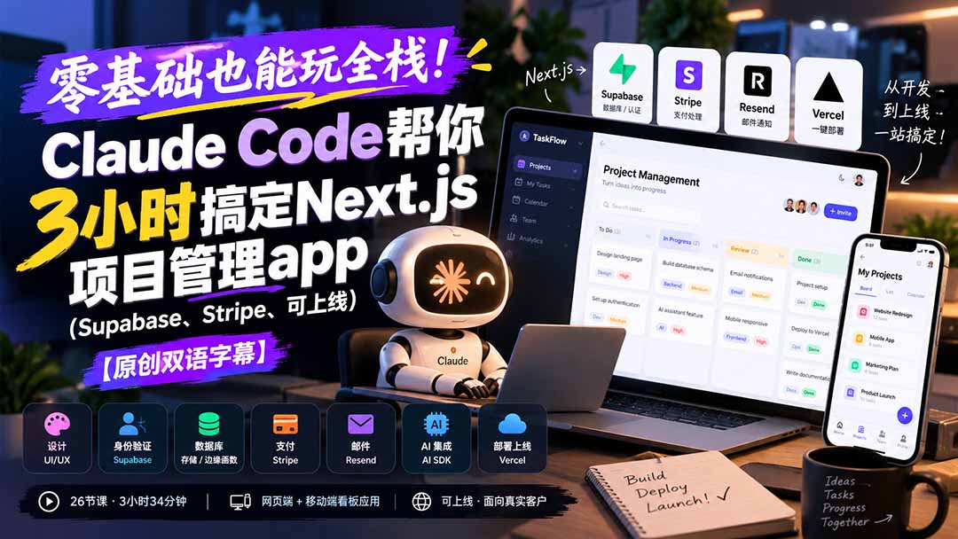 零基础也能玩全栈！Claude Code帮你3小时搞定Next.js项目管理app(Supabase、Stripe、可上线-站长V课