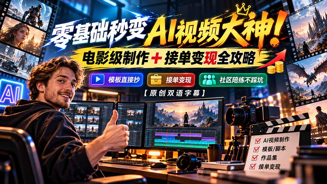零基础秒变AI视频大神！电影级制作 + 接单变现全攻略，模板直接抄，社区陪练不踩坑【原创双语字幕】-站长V课