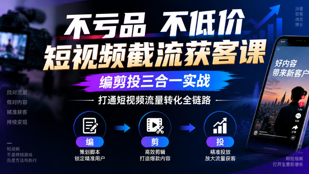 不亏品不低价短视频截流获客课，编剪投三合一实战，打通短视频流量转化全链路-站长V课