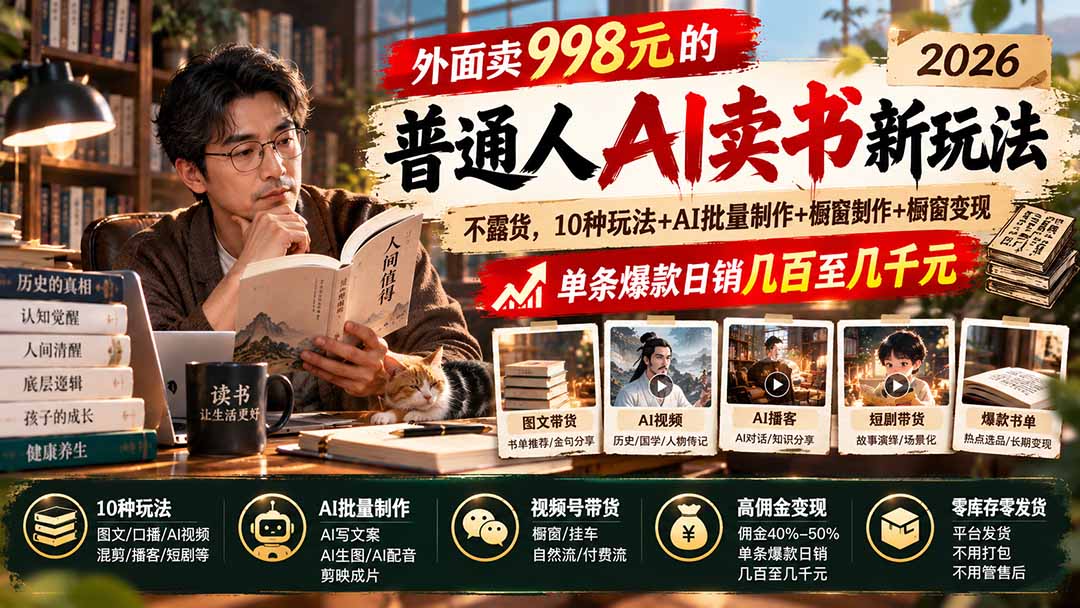 外面卖998元的2026普通人AI卖书新玩法：不露脸、不囤货，10种玩法+AI批量制作+橱窗变现，单条爆款日销几百至几千元-站长V课