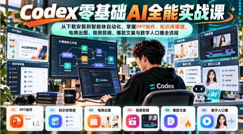 Codex零基础AI全能实战课：从下载安装到智能体自动化，掌握知识库搭建、电商出图、视频剪辑、爆款文案与数字人口播全流程-站长V课