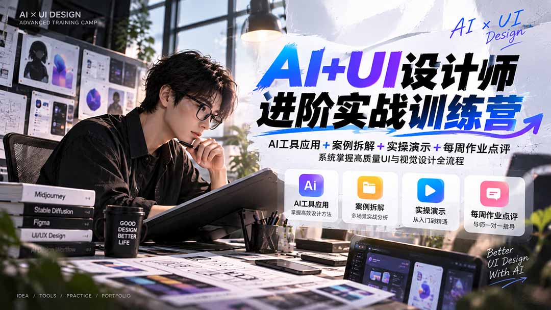【无水印】AI+UI设计师进阶训练营-第4期：AI工具应用+案例拆解+实操演示+作业点评，掌握高质量UI与视觉设计全流程-站长V课