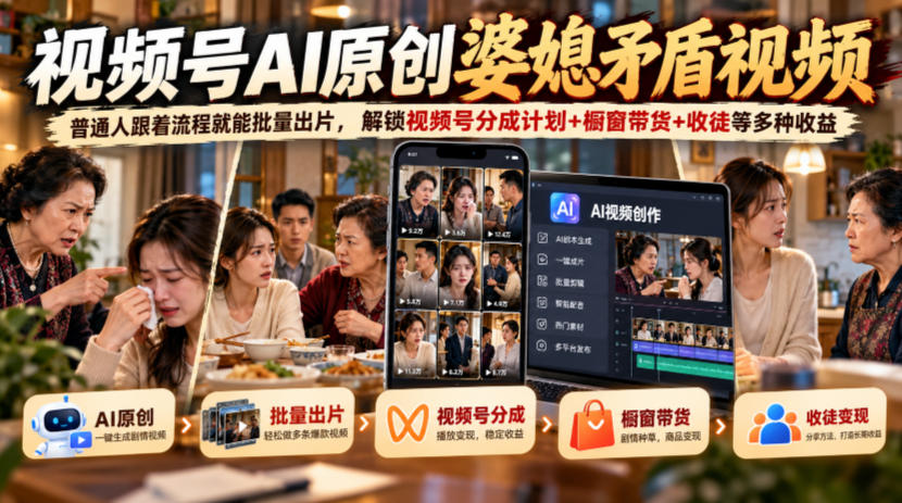 视频号ai原创婆媳矛盾视频，普通人跟着流程就能批量出片，解锁视频号分成计划+橱窗带货+收徒等多种收益-站长V课