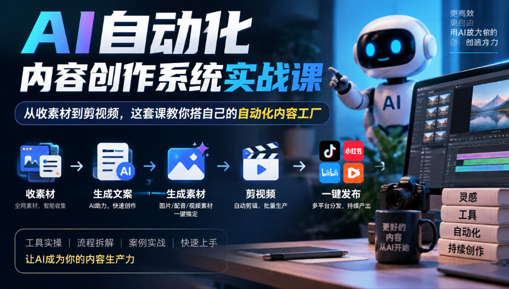 AI自动化内容创作系统实战课，从收素材到剪视频，这套课教你搭自己的自动化内容工厂-站长V课