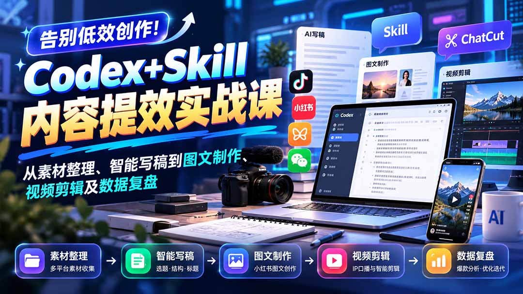 【无水印】告别低效创作！Codex+Skill内容提效实战课：从素材整理、智能写稿到图文制作、视频剪辑及数据复盘-站长V课
