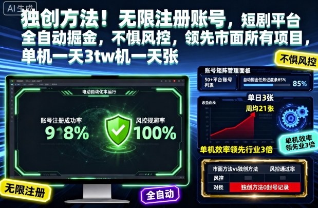 独创方法!无限注册账号,短剧平台全自动掘金,不惧风控,领先市面所有项目,单机一天3张【揭秘】