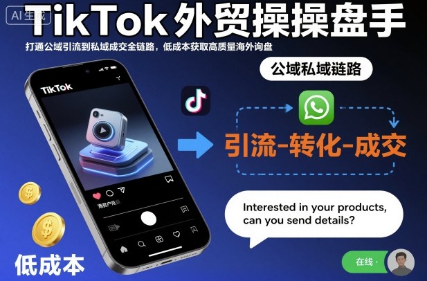 TikTok外贸操盘手，打通公域引流到私域成交全链路，低成本获取高质量海外询盘