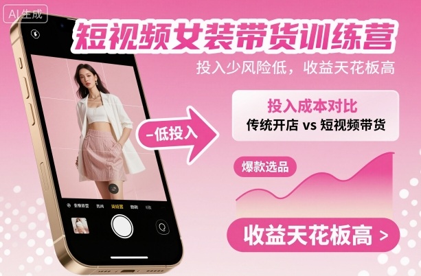 短视频女装带货训练营，投入少风险低，收益天花板高-站长V课