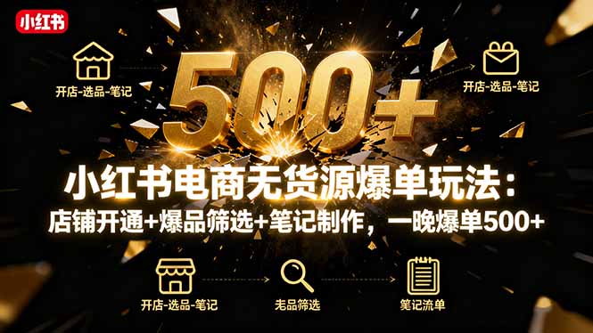 小红书电商无货源爆单玩法：店铺开通+爆品筛选+笔记制作，一晚爆单500+-站长V课