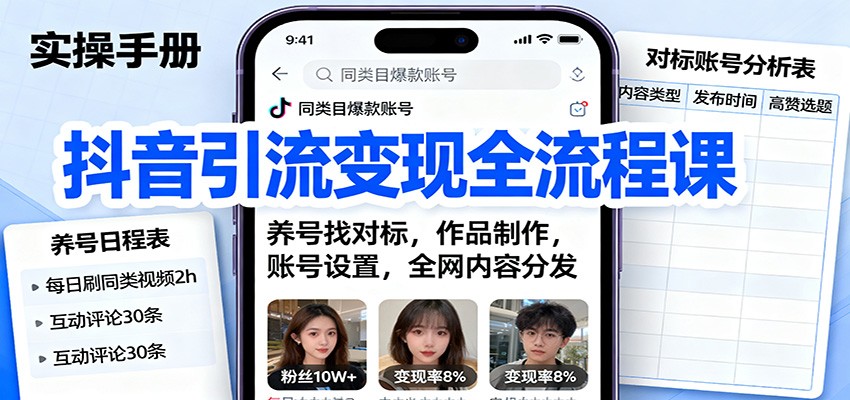 抖音引流变现全流程课:养号找对标,作品制作,账号设置,全网内容分发-站长V课