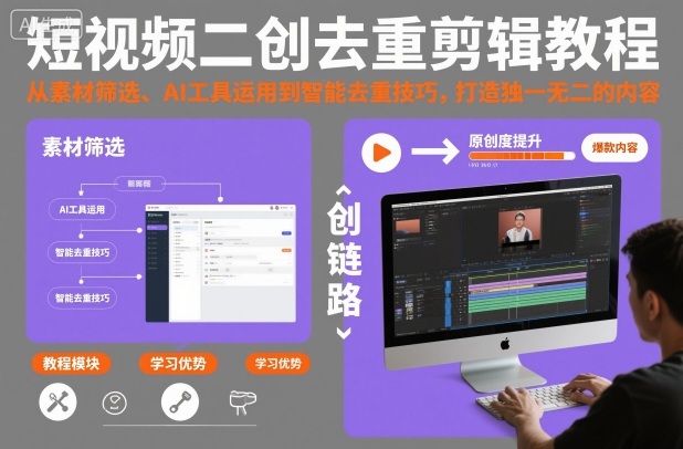 短视频二创去重剪辑教程，从素材筛选、AI工具运用到智能去重技巧，打造独一无二的内容